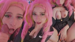 Mitsuri kanroji cosplayben szereti a fasznak a lyukait és óriási arconlövellést kap