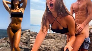 Híres influenszer (jegyes lány) hátsó bejáratba kapja szardínia sziklái mögött